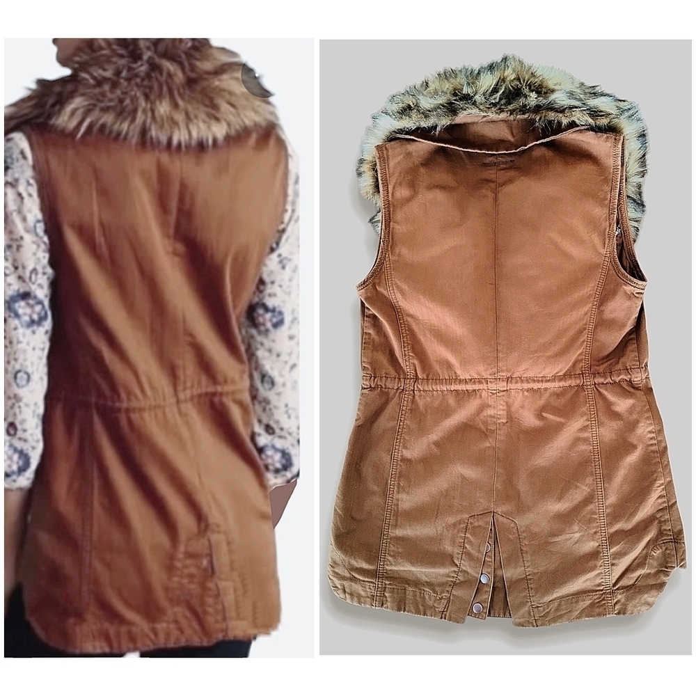 Anthro Hei Hei Faux Fur Lined Utility Vest XS Brown Cinch Waist - Picture 2 of 5